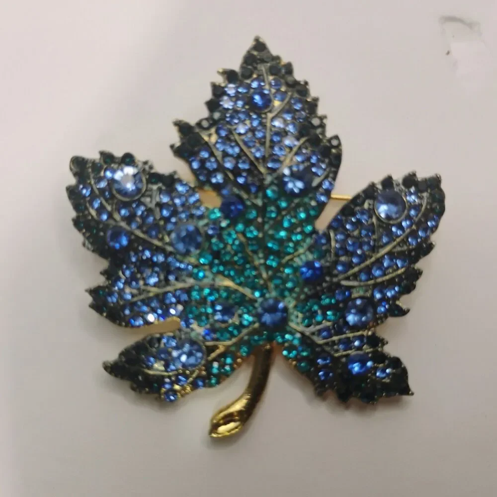 Maple Leaf Brooch Blue Shades Rhinestones Fashion Pin Jewelry Autumn Statement